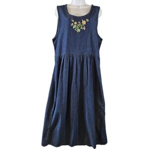 G.S. Denims Dress Womens Med Blue Sleeveless Maxi Floral Embroidered Pockets